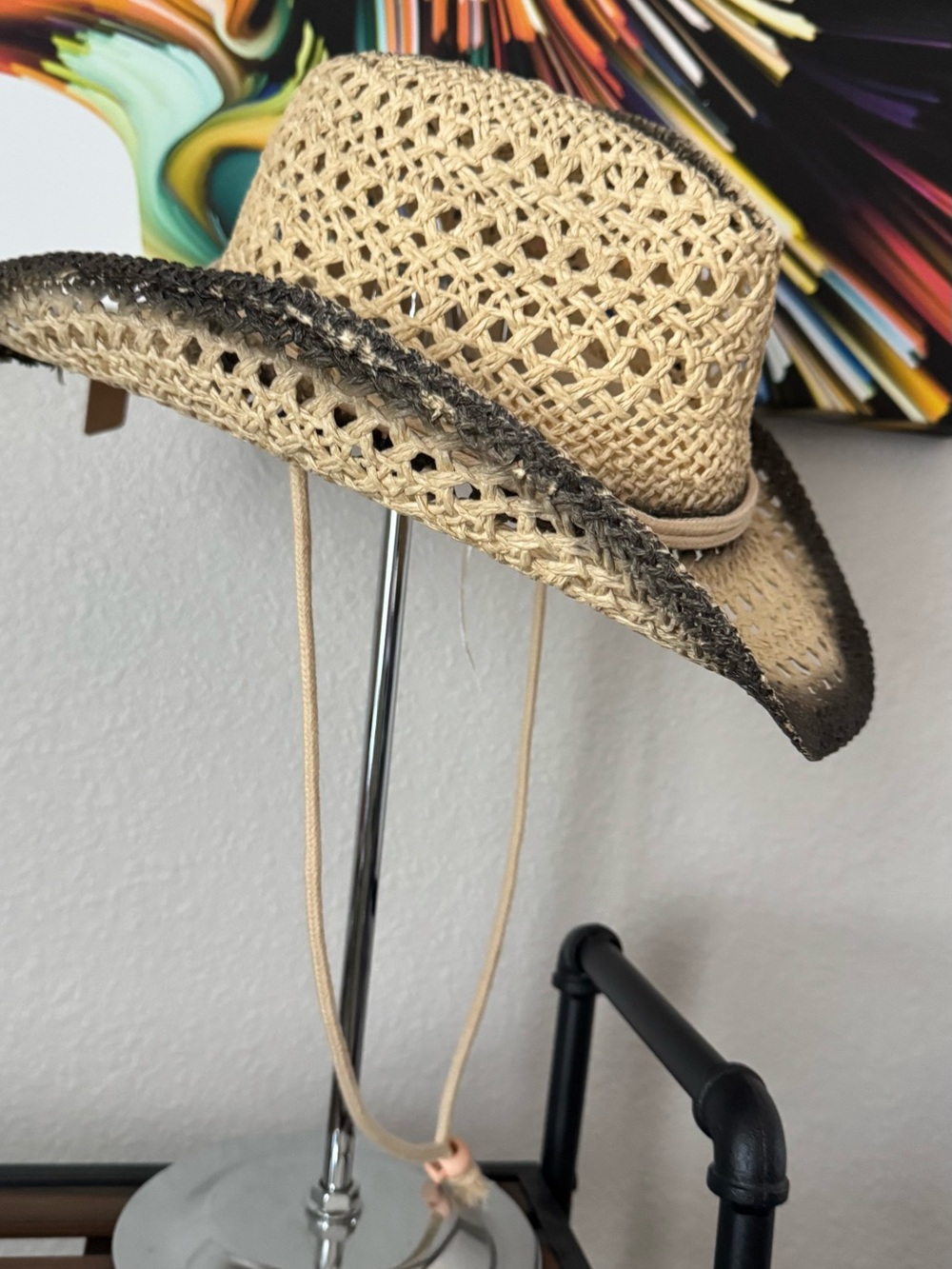 Straw Woven Cowboy Hat with Dark Brim - Natural - Picture 3 of 3